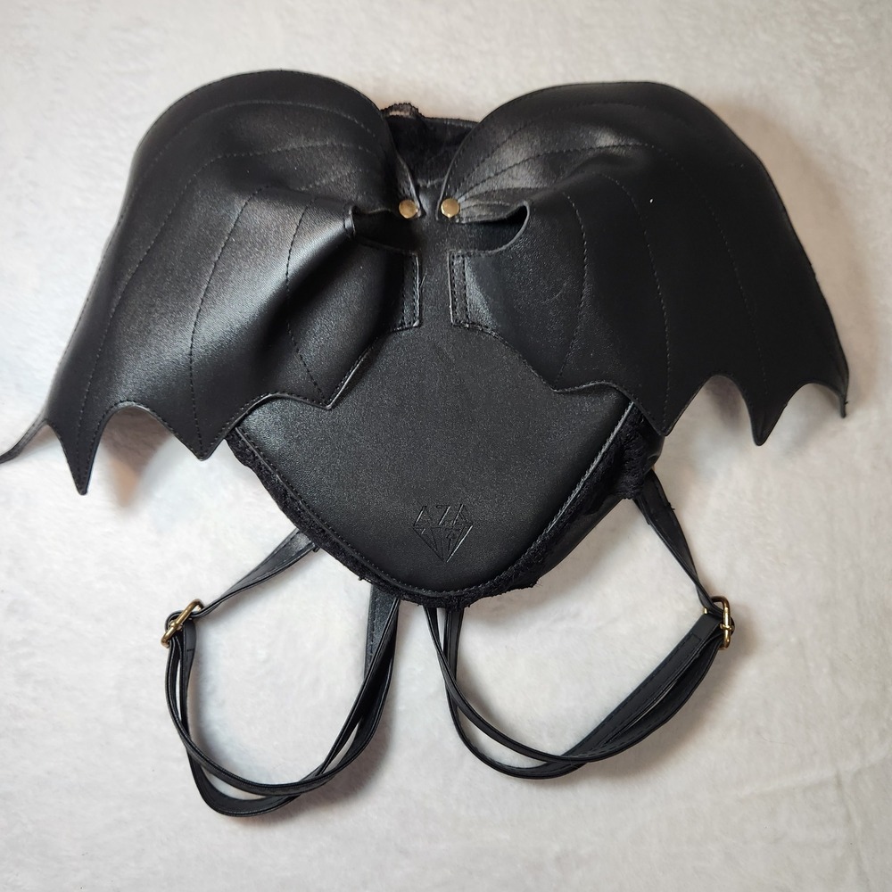 Black Heart Bat Wing Gothic Lace Backpack Faux Leather Alt Dark Academia Gold
